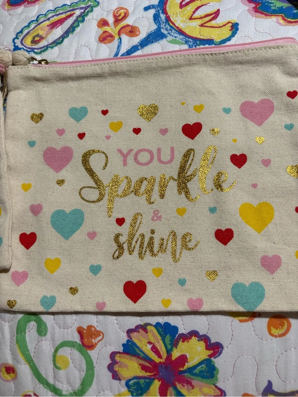 Heart Canvas Cosmetic Pouch - Cream with Pink & Gold